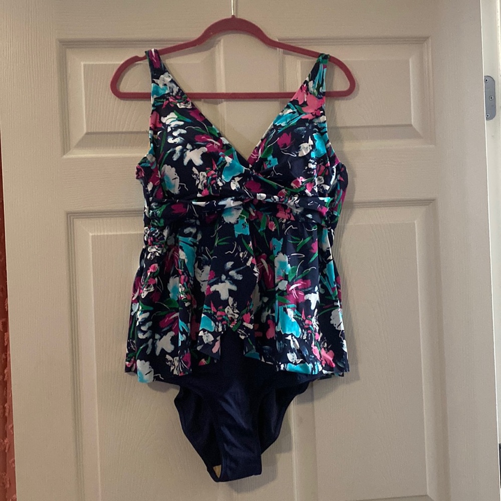 Navy blue print one piece swimsuit